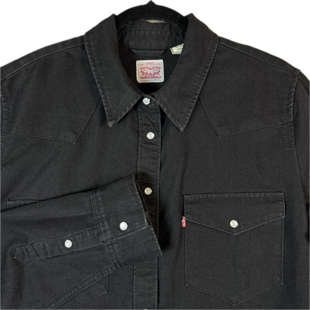 Levi Red Tab Western Shirt Women XL Black Pearl Snap Denim Long Sleeve Cotton